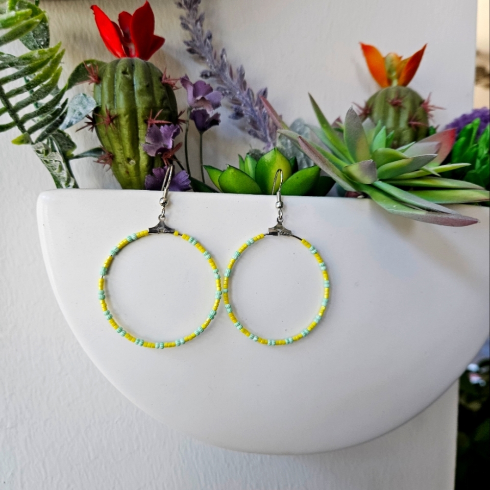 Beaded Hoop Green & Yellow Earrings, Silver Hypoallergenic Ear Wire